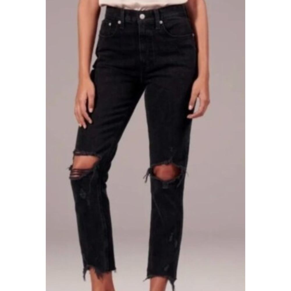 abercrombie and fitch high rise mom jeans black distress size 6 Reg